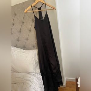 LONG SILKY BLACK ASYMMETRICAL LACE HEM DRESS
